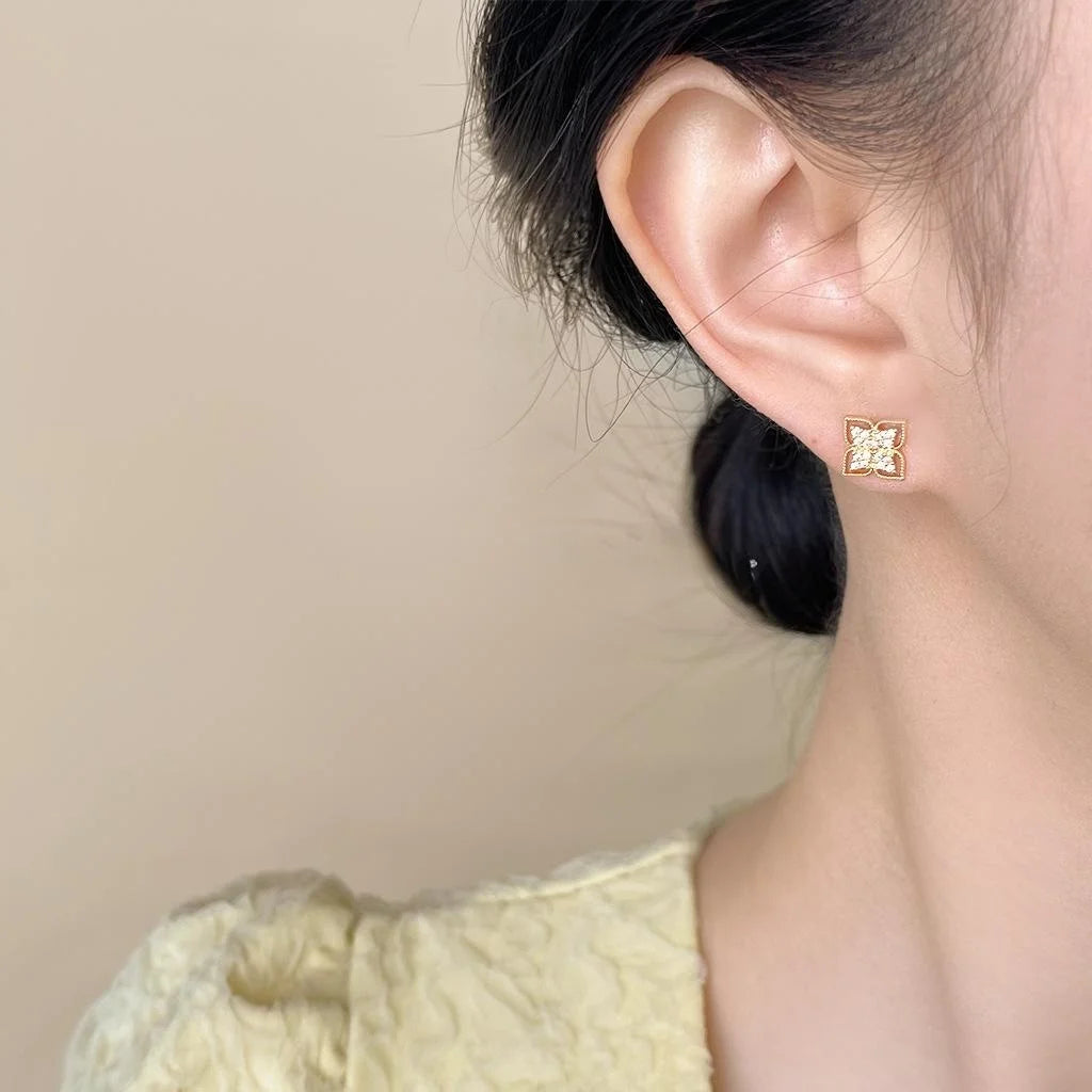 14K Gold Plated Copper Micro Pave Zircon Floral Geometric Stud Earrings, French Minimalist Jewelry
