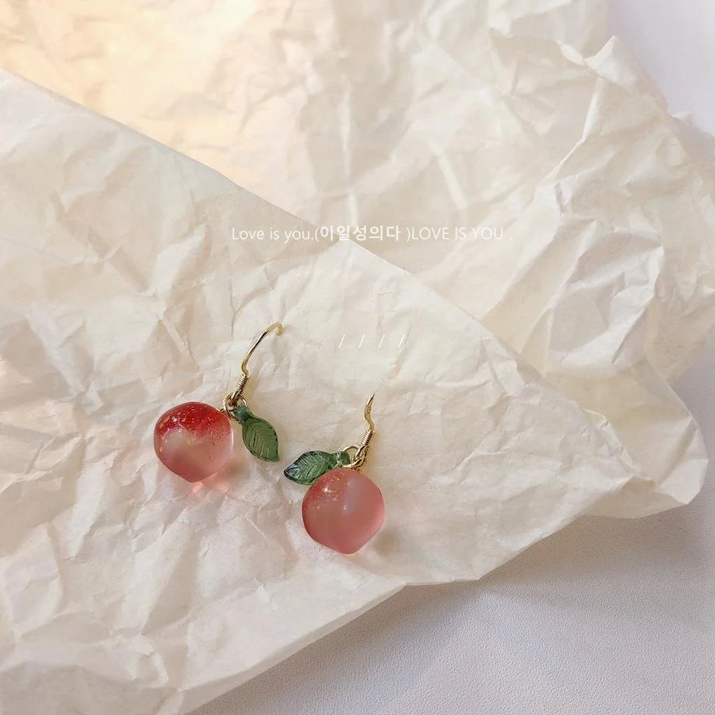 Pink Glazed Glass Peach Drop Earrings With Silver Plated Pins, Handmade Sweet Cute Jewelry