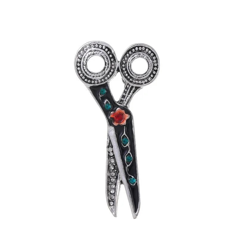 Vintage Scissors Brooch With Rhinestone And Enamel Detail, Elegant Unisex Lapel Pin Suit Accessory