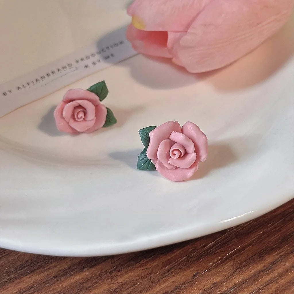 Pastoral Style Pink Ceramic Rose Flower Stud Earrings, Oil Painting Inspired Floral Jewelry