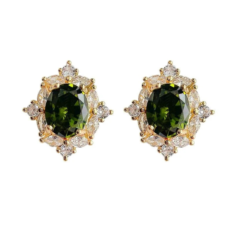14K Gold Plated Copper Oval Green Zircon Stud Earrings French Vintage Minimalist Jewelry