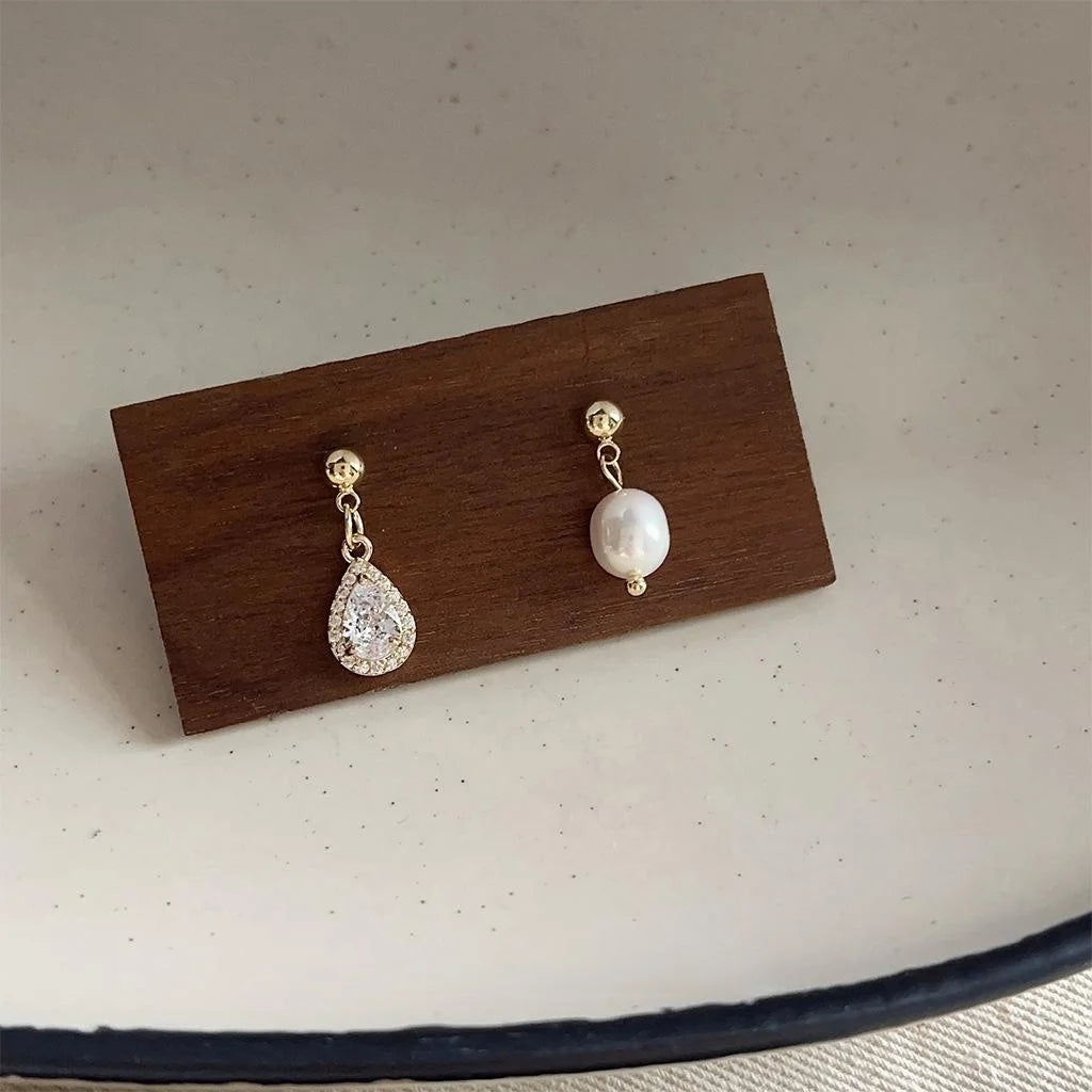 French Freshwater Pearl Zircon Teardrop Asymmetric Stud Earrings Elegant Minimalist Jewelry