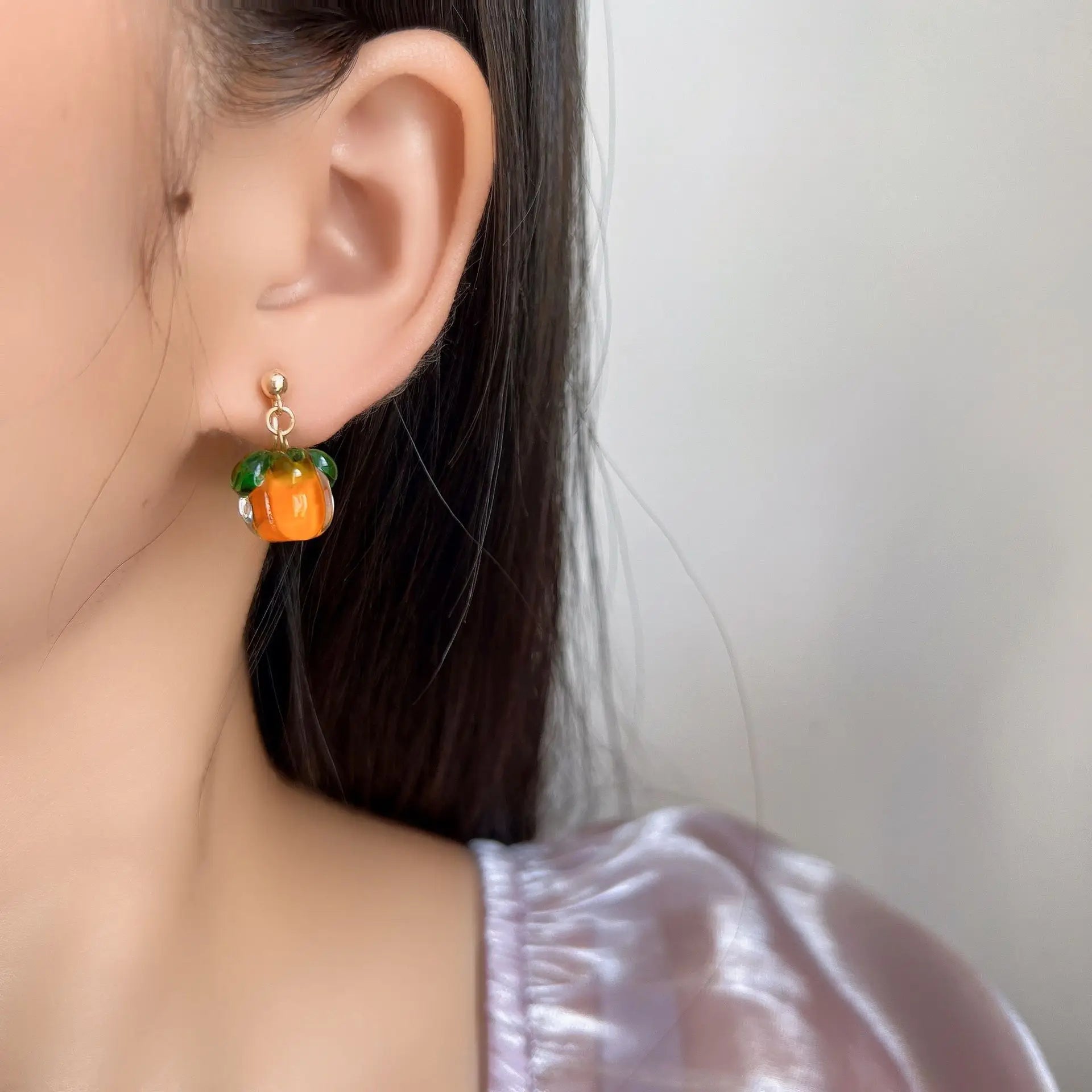 Elegant Orange Green Persimmon Fruit Enamel Alloy Stud & Clip On No Piercing Drop Dangle Earrings