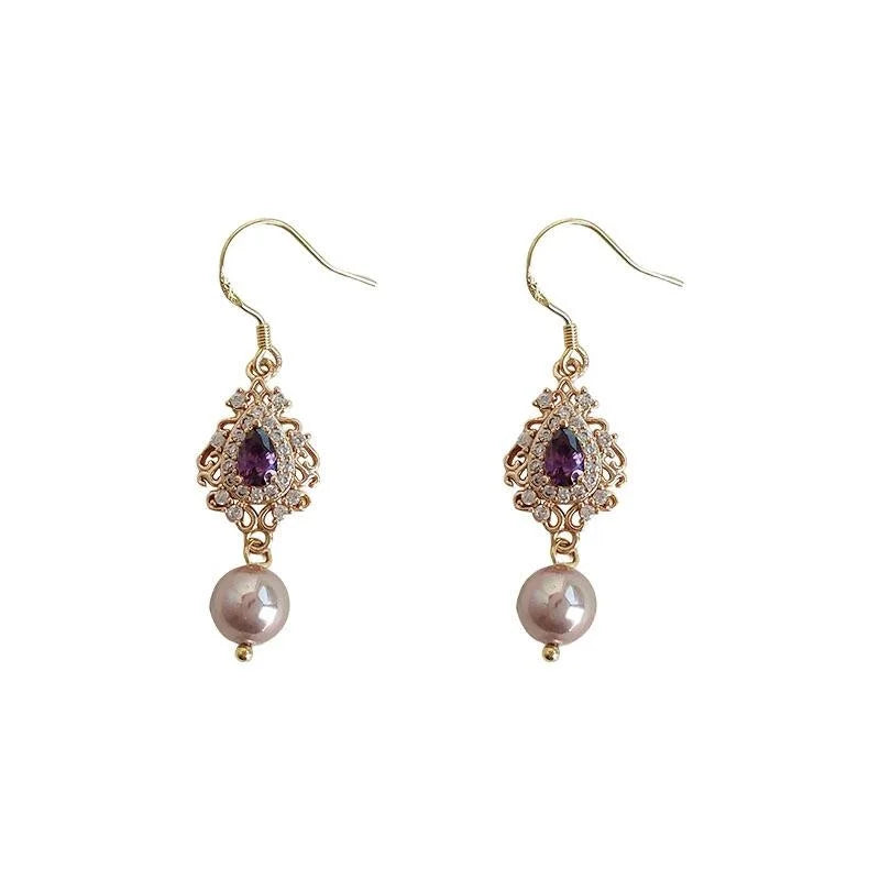 French Vintage Copper Drop Earrings With Micro Pave Zircon Teardrop Pearl And Silver Plated Pins