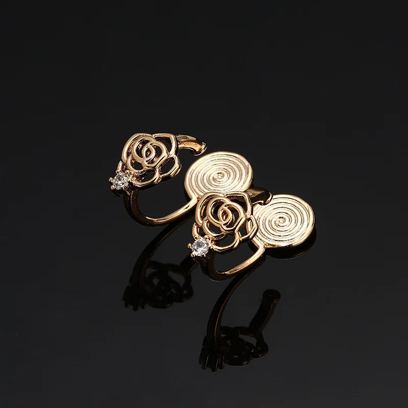 Elegant Gold Tone Alloy Rose Flower Spiral Disc Zircon Stud & Clip On No Piercing Small Hoop Earrings