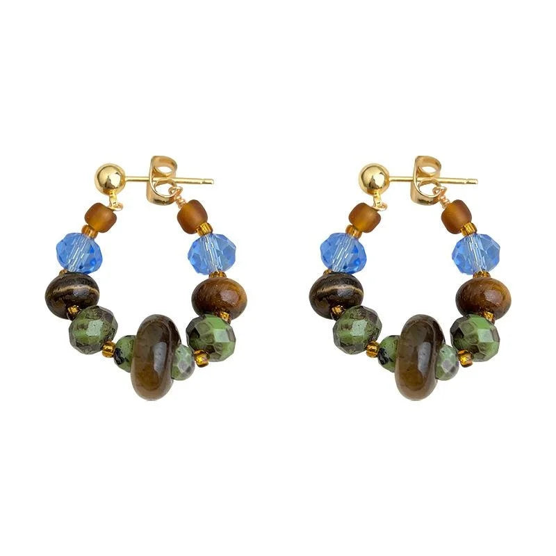 Handmade Vintage Ethnic Tiger Eye Stone Glass Crystal Beaded Geometric Drop Earrings