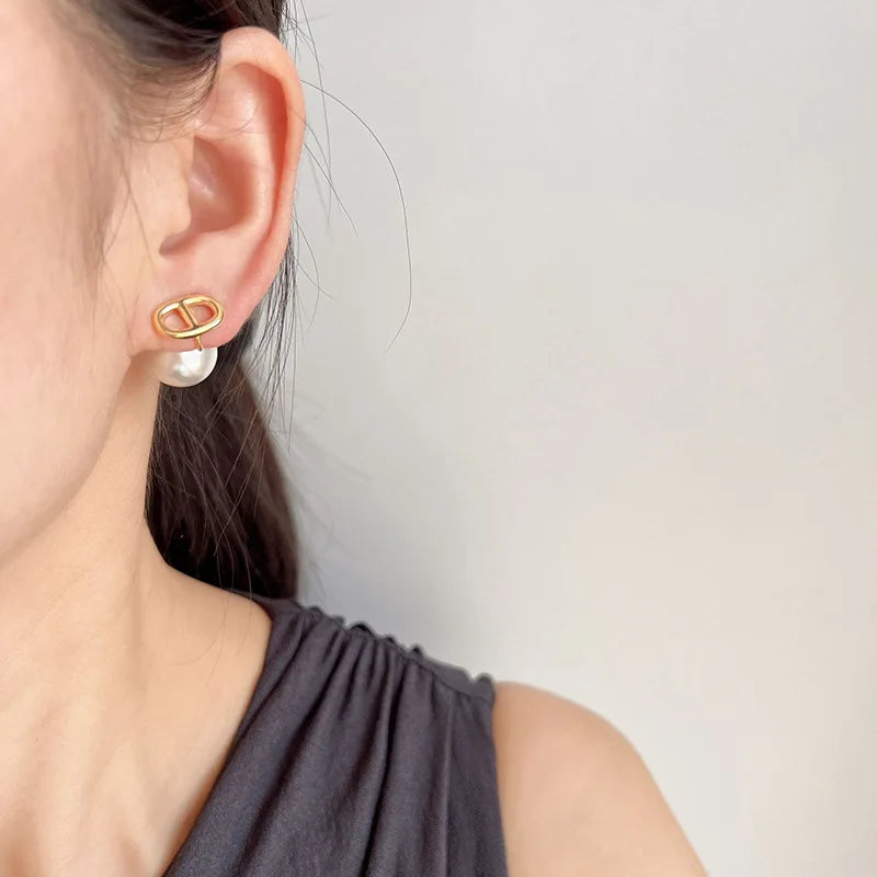 Elegant Gold Alloy Spiral Disc Letter Charm Large Pearl Stud & Clip On No Piercing Earrings
