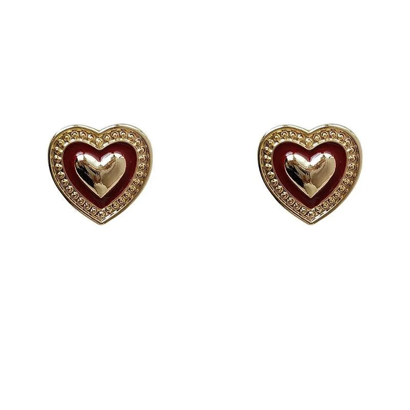 Vintage Burgundy Enamel Heart Stud Earrings 14K Plated Alloy Palace Style