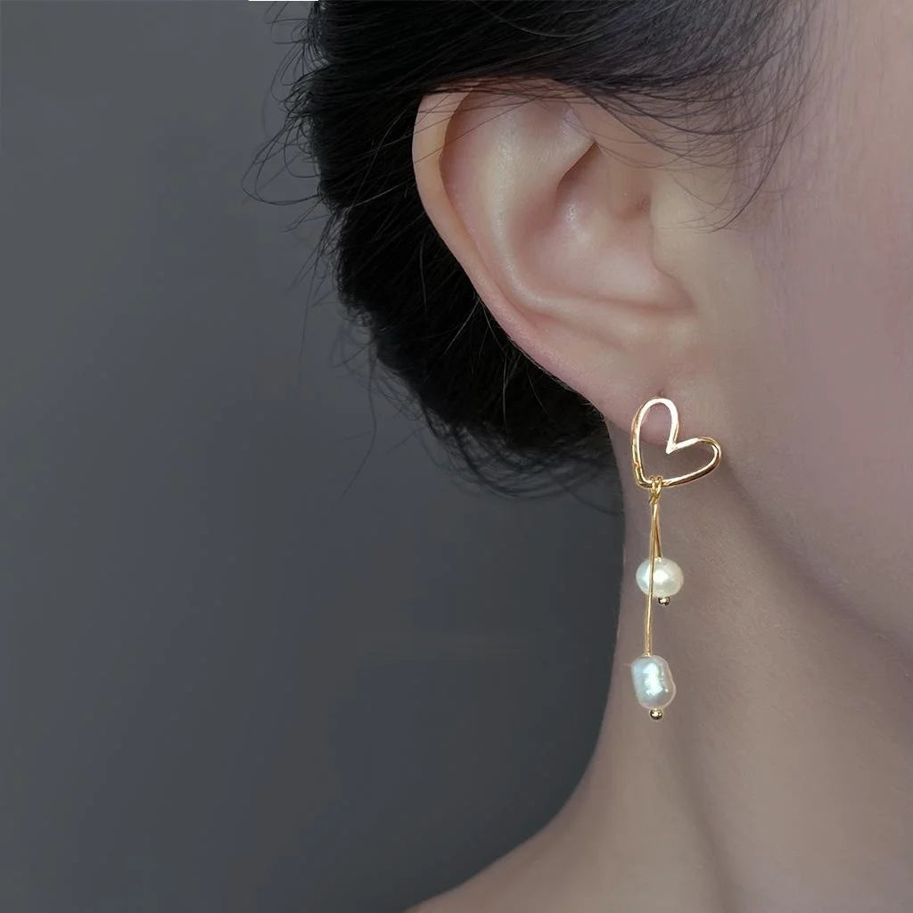 14K Gold Plated Baroque Freshwater Pearl Heart Geometric Tassel Stud Earrings