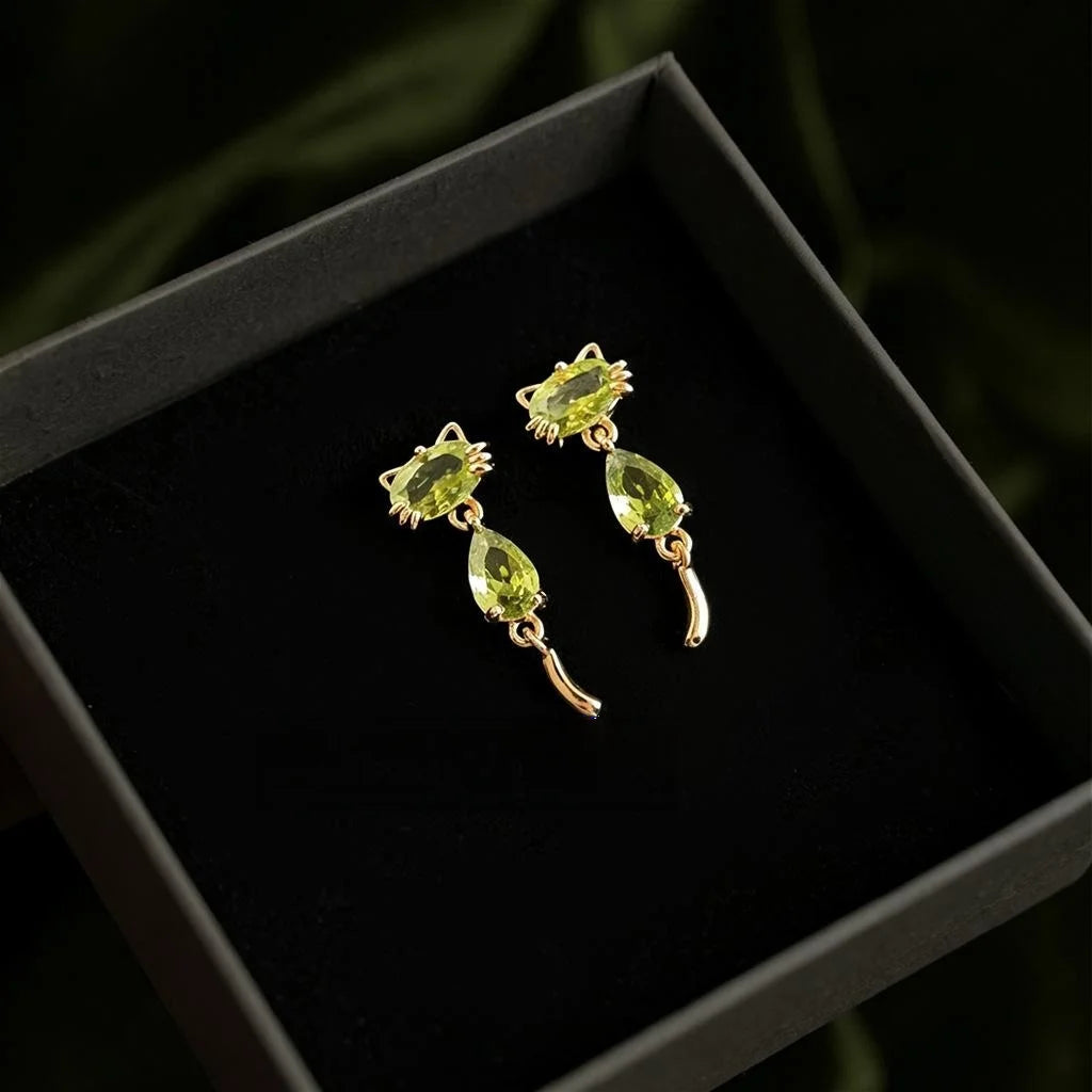 Olive Green Zircon Cat Drop Earrings Copper Cute Animal Design Fashion Jewelry For Women
