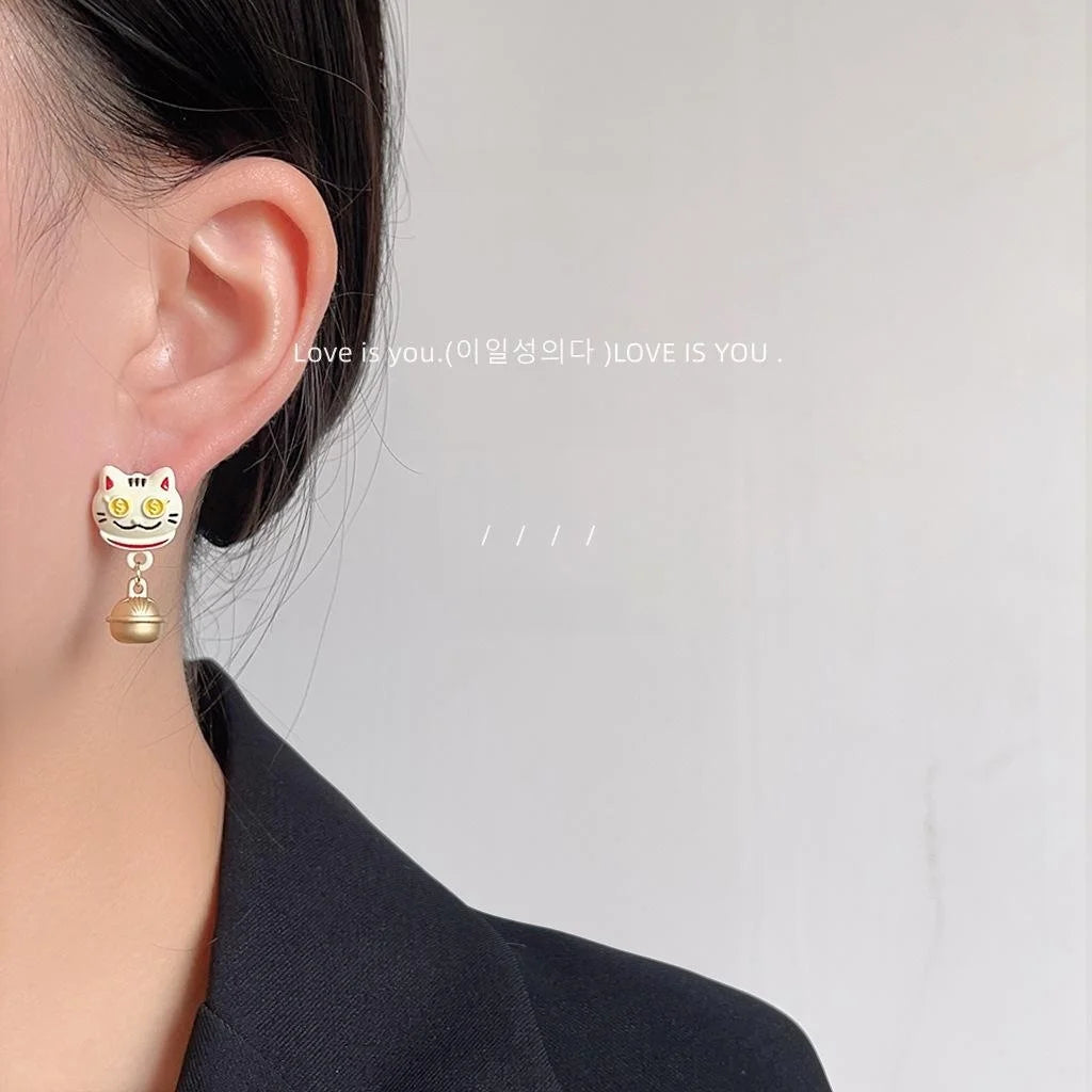 Lucky Cat Copper Stud Earrings With Silver Plated Pins, Enamel New Year Style