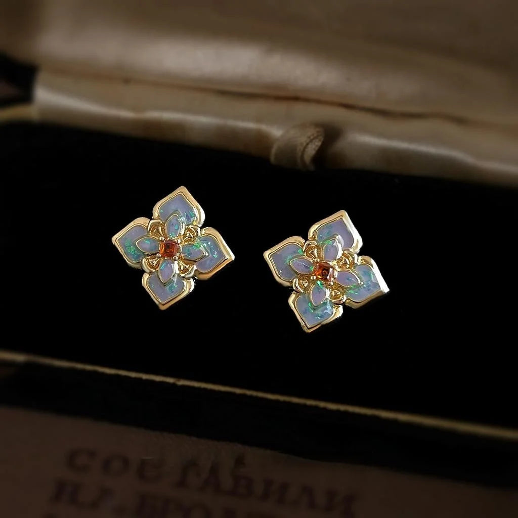 Light Luxury Enamel Drip Glaze Floral Geometric Copper Stud Earrings