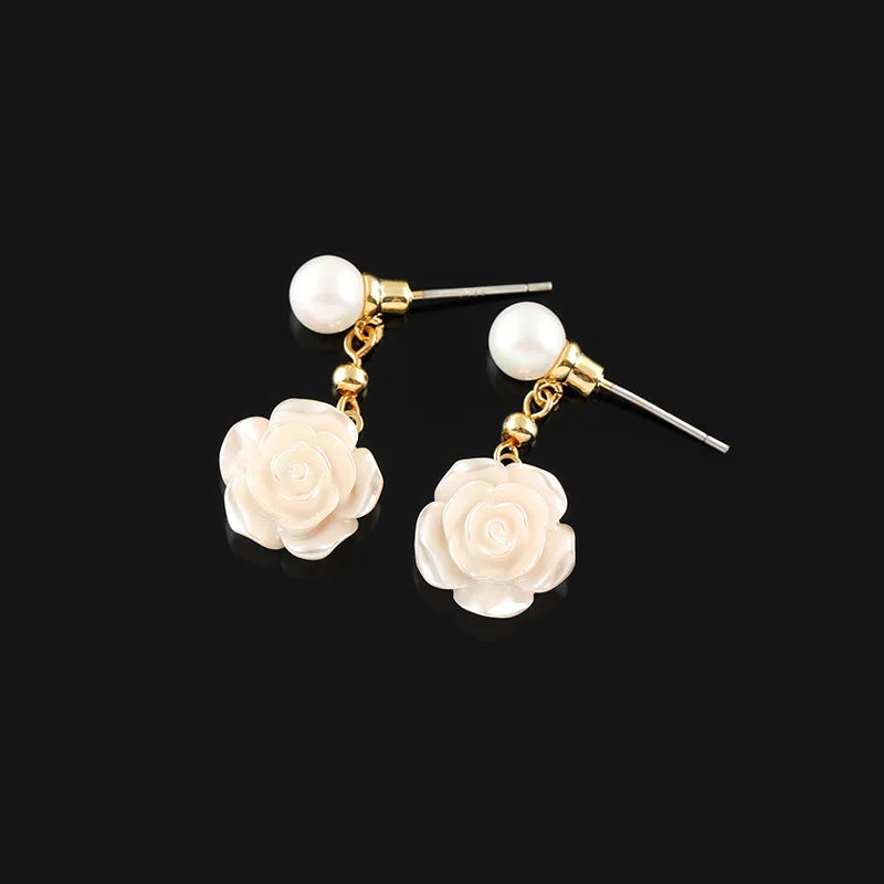 Sweet Elegant Camellia Flower Pearl Drop Alloy Stud & Clip On No Piercing Long Dangle Earrings