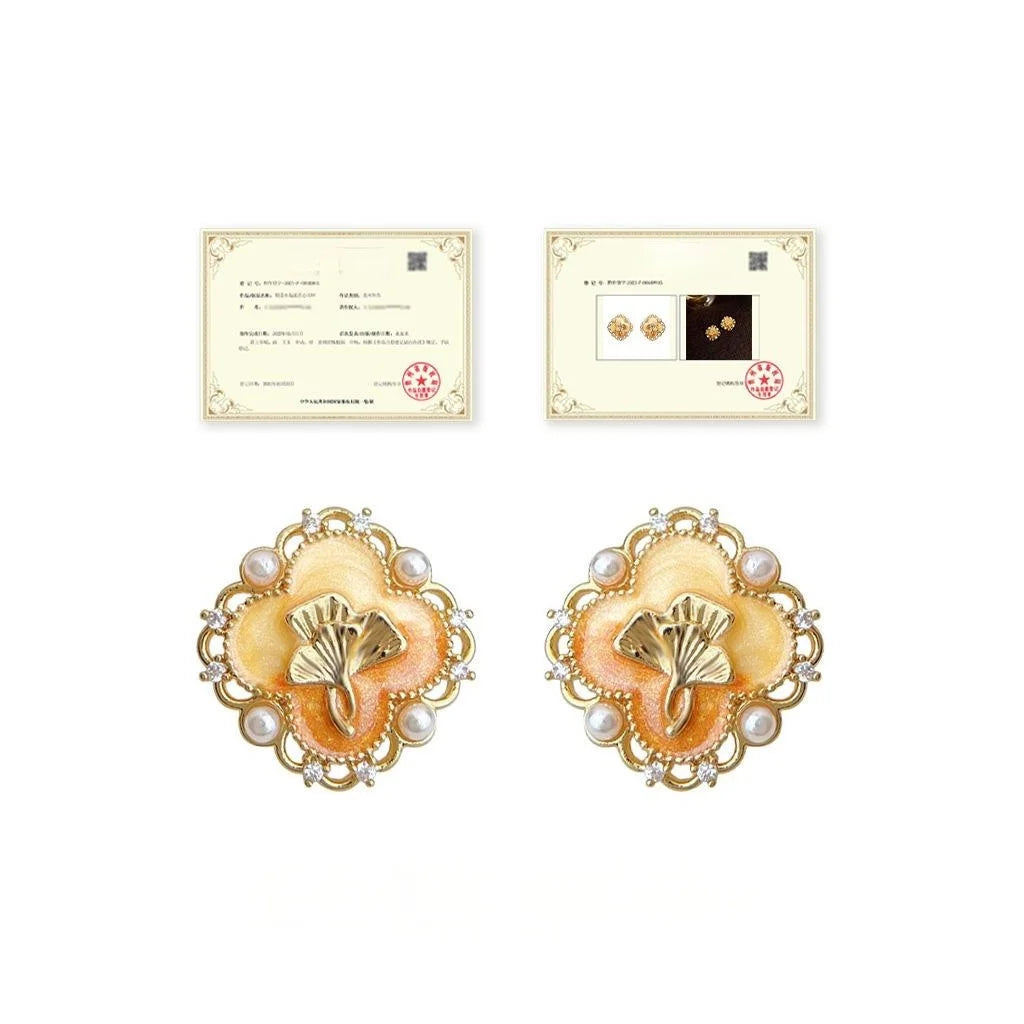 Warm Yellow Enamel Ginkgo Leaf Stud Earrings Copper Retro Maillard Floral Jewelry