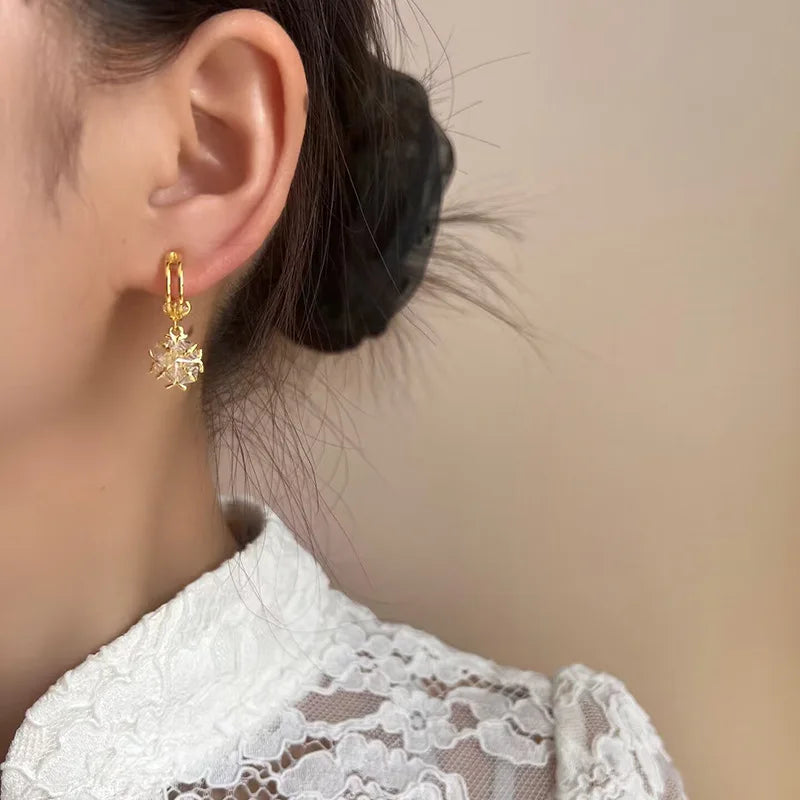Luxury Spiral Disc Zircon Drop Stud & Clip On No Piercing Gold Alloy Sparkling Ball Dangle Earrings