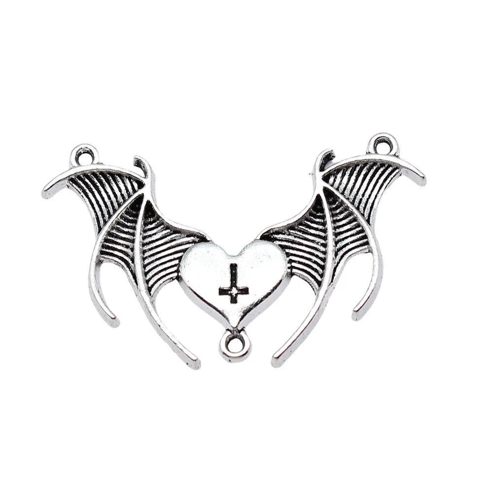 41x25mm 3.7g Gothic Zinc Alloy Heart Cross Bat Wing Charm Pendant for Halloween Jewelry Making