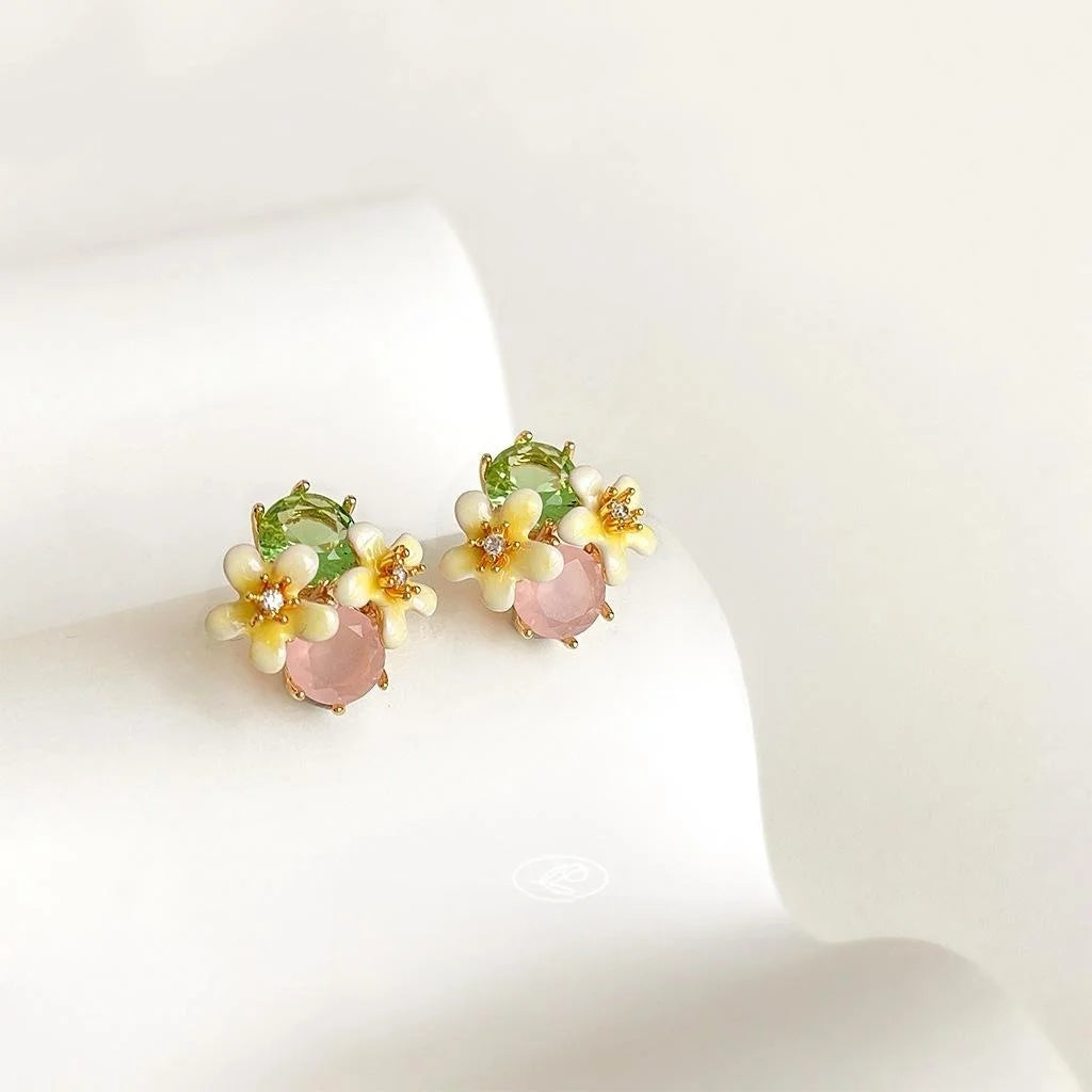 Sweet 14K Gold Plated Copper Zircon Glass Crystal Enamel 3D Flower Stud Earrings