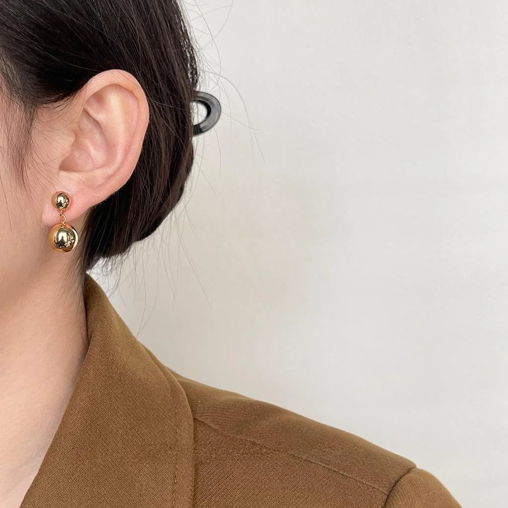 18K Gold Plated Copper Double Ball Drop Earrings, Smooth Geometric Light Luxury Jewelry