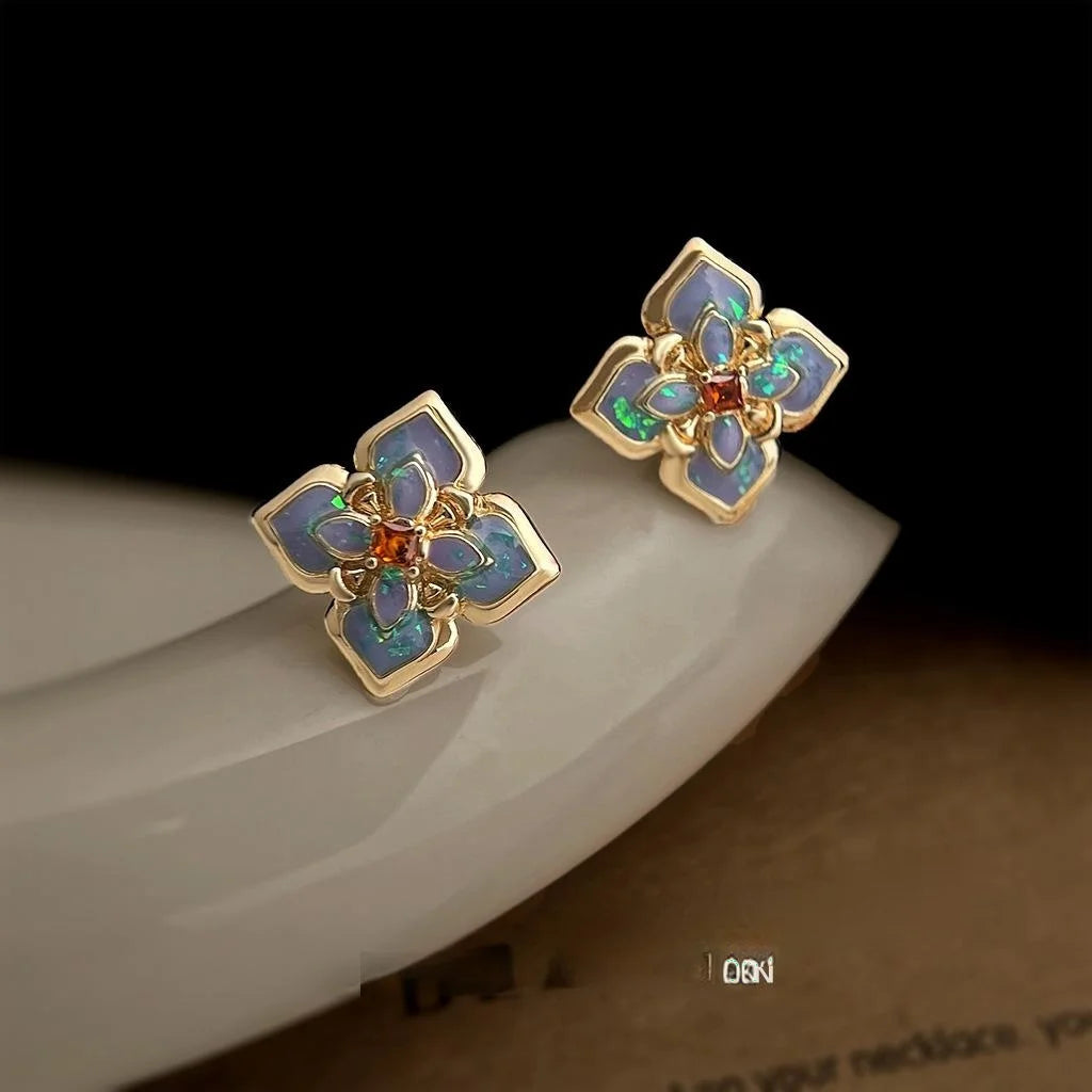 Light Luxury Enamel Drip Glaze Floral Geometric Copper Stud Earrings