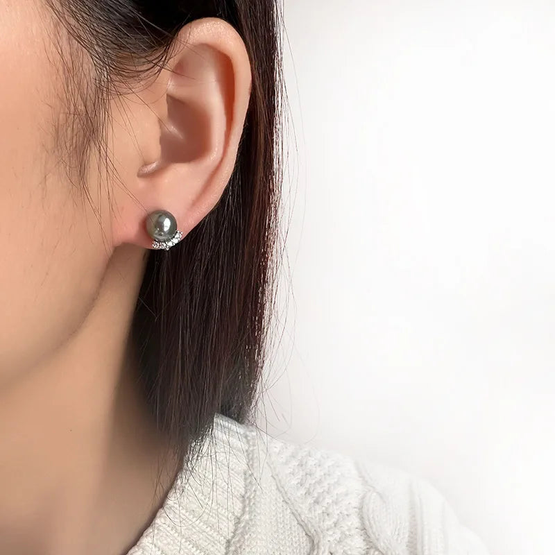 Elegant Luxury Gray Pearl Crescent Zircon Stud & Clip On No Piercing Spiral Ear Cuff Earrings