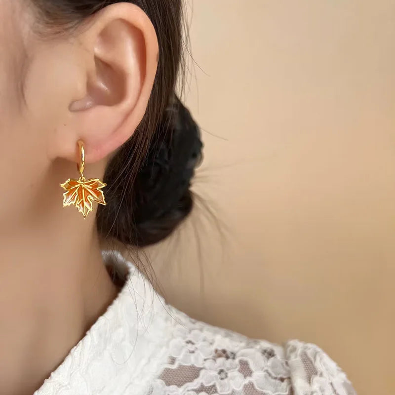 Elegant Chinese Style Gold Tone Enamel Maple Leaf Alloy Drop Stud & Clip On No Piercing Earrings