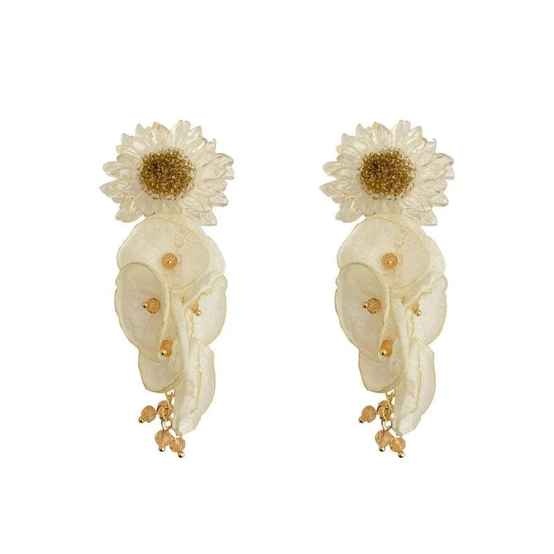 Fairy Style Sunflower Mesh Lace Long Tassel Drop Earrings For Vacation Wear