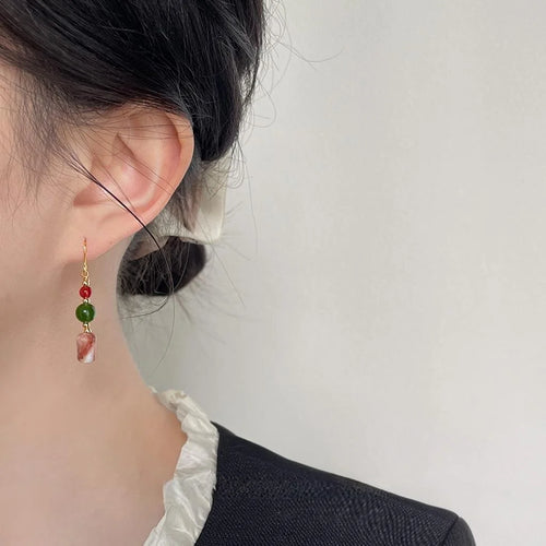 Handmade New Chinese Style Red Green Agate Natural Stone Geometric Tassel Drop Earrings for Women