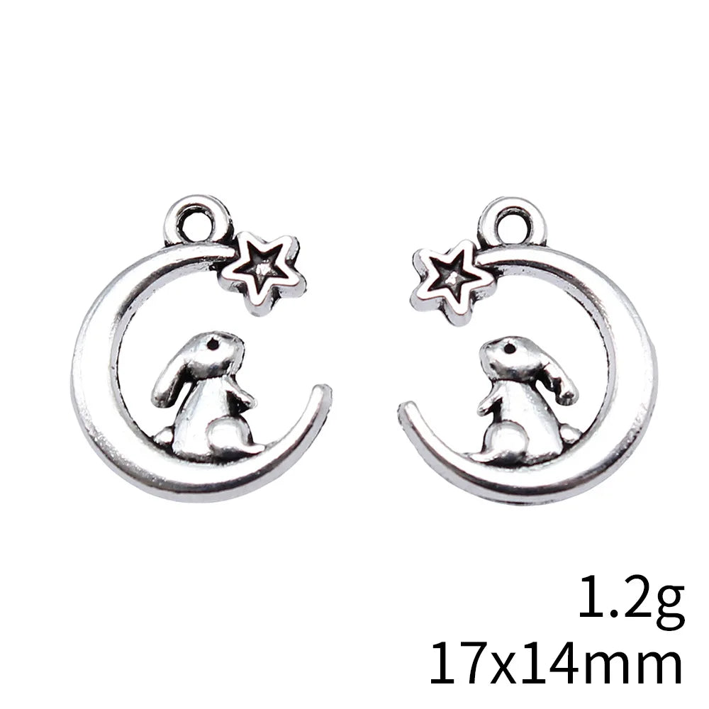 17x14mm 1.2g Antique Silver Zinc Alloy Rabbit Moon Star Charm Pendant for DIY Jewelry Making
