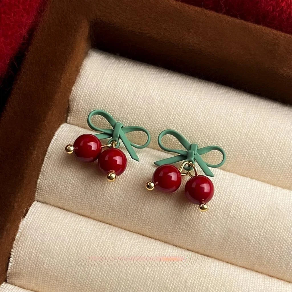 Sweet Handmade Glass Cherry Bell Drop Earrings Christmas Fruit Jewelry