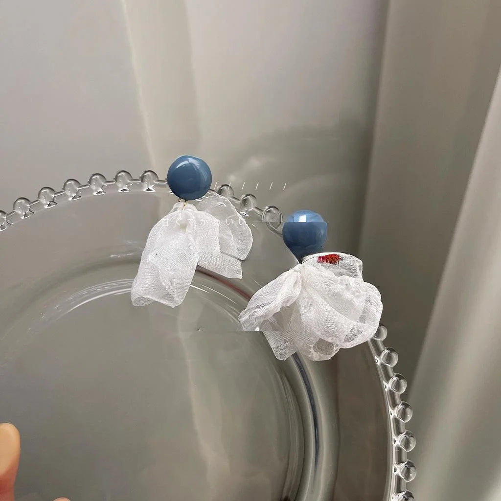 Haze Blue Mesh Flower Stud Earrings Sweet Korean Silver Plated Pin Fairy Style Ear Jewelry