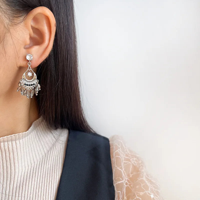 Vintage Ethnic Crescent Grey Crystal Tassel Chandelier Stud & Clip On No Piercing Earrings