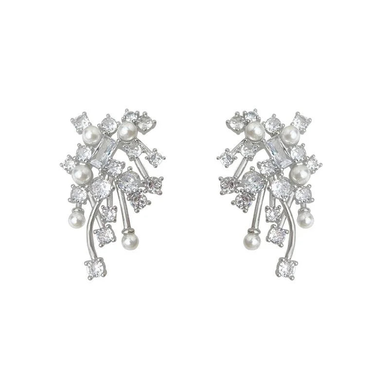 Light Luxury Copper Drop Earrings With Micro Pave Zircon Floral Geometric Silver Plated Pins