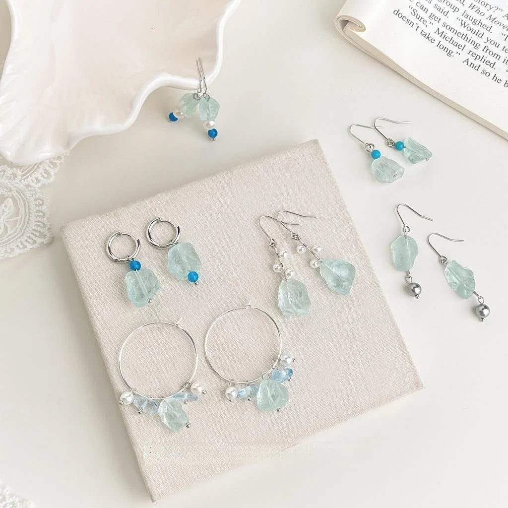 Handmade Irregular Blue Crystal Natural Stone Glass Pearl Drop Earrings For Beach Vacation