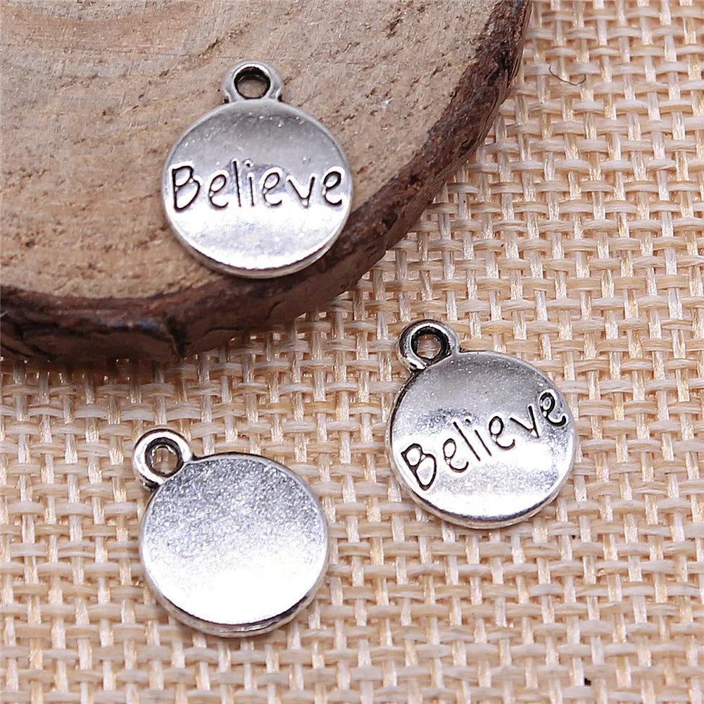 11x14mm 0.9g Antique Silver Zinc Alloy Believe Round Tag Letter Charm Pendant for DIY Jewelry Making