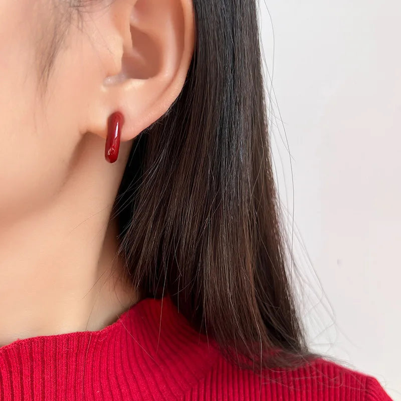 Elegant Red Enamel U Shape Spiral Disc Alloy Stud & Clip On No Piercing Commuter Earrings