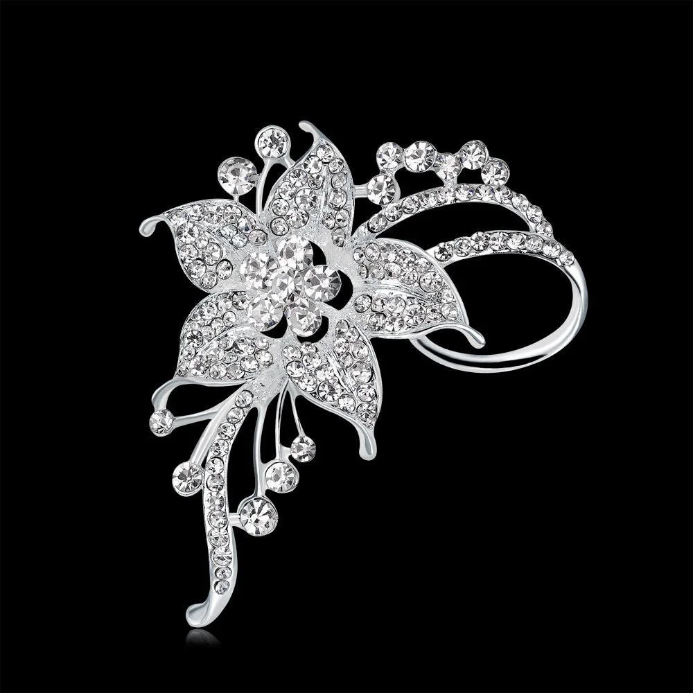 Elegant Rhinestone Alloy Flower Brooch For Women, Luxury Floral Lapel Pin Corsage Suit Accessory Gift