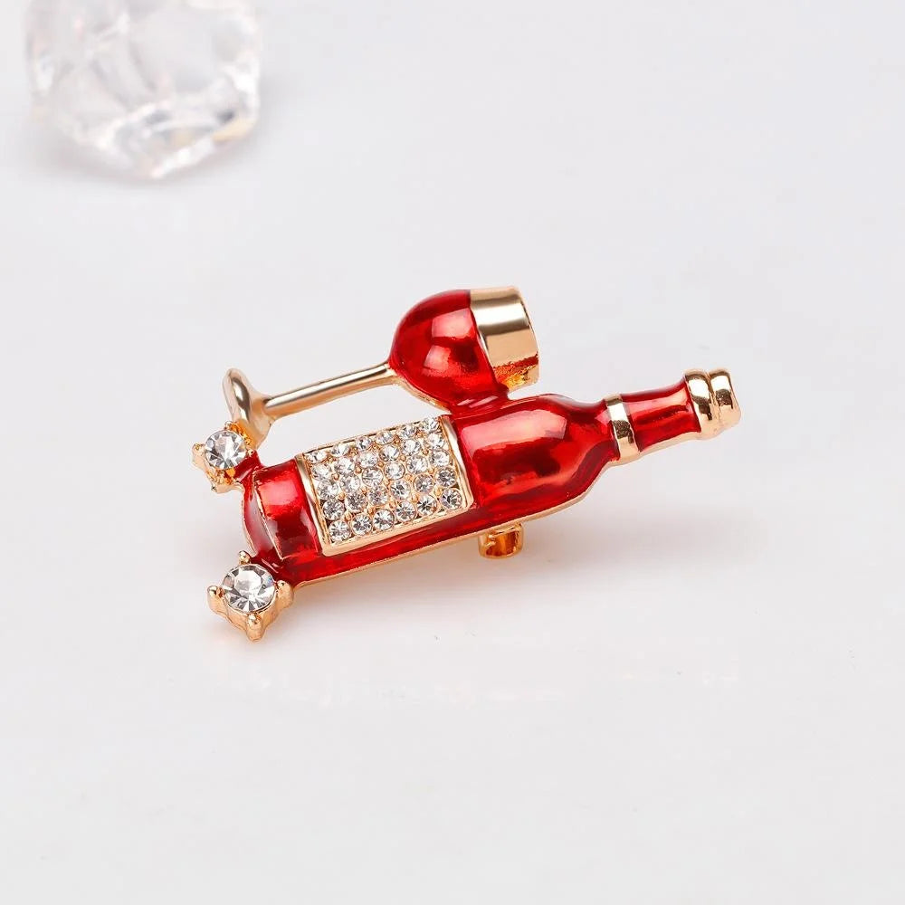 Luxury Enamel Rhinestone Wine Bottle And Glass Alloy Brooch, Elegant Creative Lapel Pin Suit Accessory