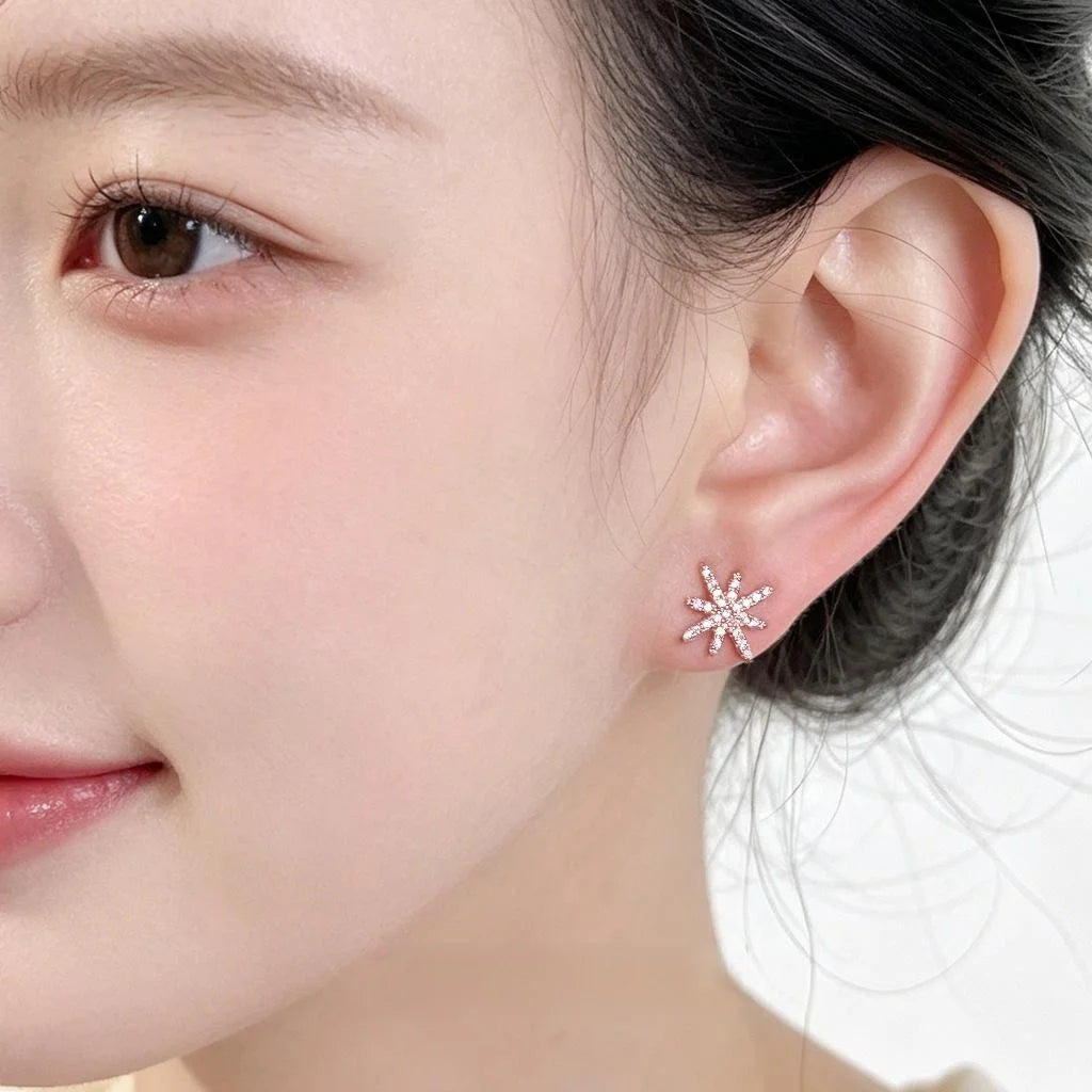 Rose Gold Copper Zircon Eight Point Star Stud Earrings Minimalist Snowflake Design for Women