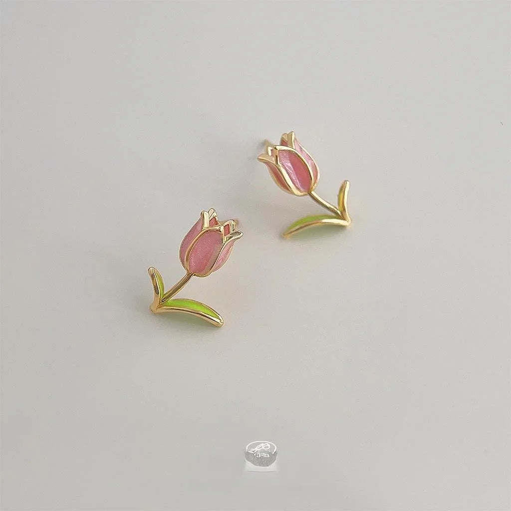 14K Gold Plated Copper Enamel Tulip Stud Earrings Sweet Floral Jewelry