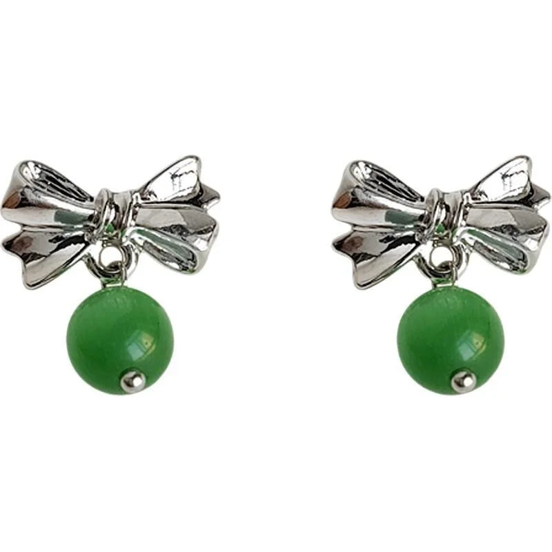 Elegant Green Glass Cat Eye Stone Bow Stud Earrings For Women Forest Style Jewelry