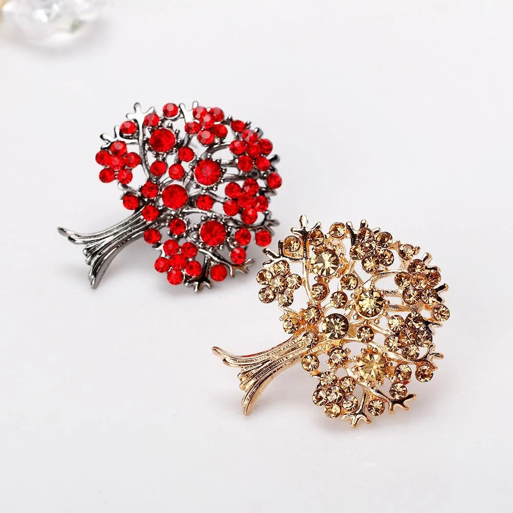 Elegant Alloy Tree Brooch With Red Rhinestones, Fashion Lapel Pin Corsage For Women Suit Accessory Gift