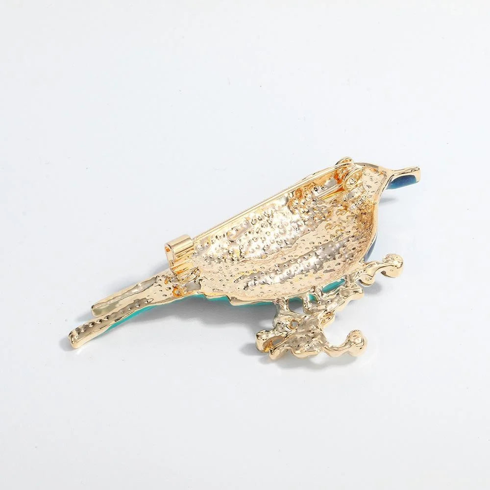 Elegant Blue Enamel Bird Alloy Brooch With Rhinestone Branch, Fashion Lapel Pin Corsage Suit Accessory Gift