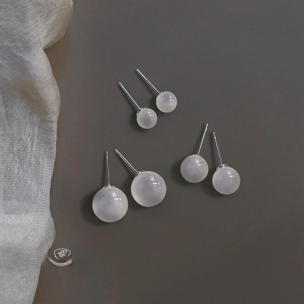 White Agate Natural Stone Round Geometric New Chinese Minimalist Stud Earrings for Women