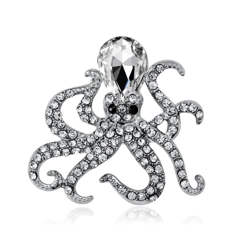 Luxury Rhinestone Crystal Octopus Brooch Pin, Ocean Animal Alloy Lapel Corsage Suit Accessory Gift