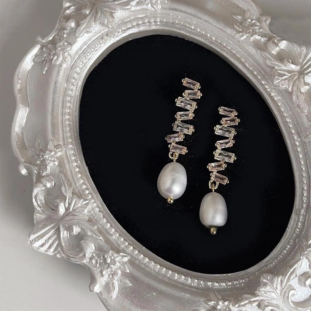 14K Gold Plated Copper Long Line Stud Earrings With Micro Pave Zircon Freshwater Pearl
