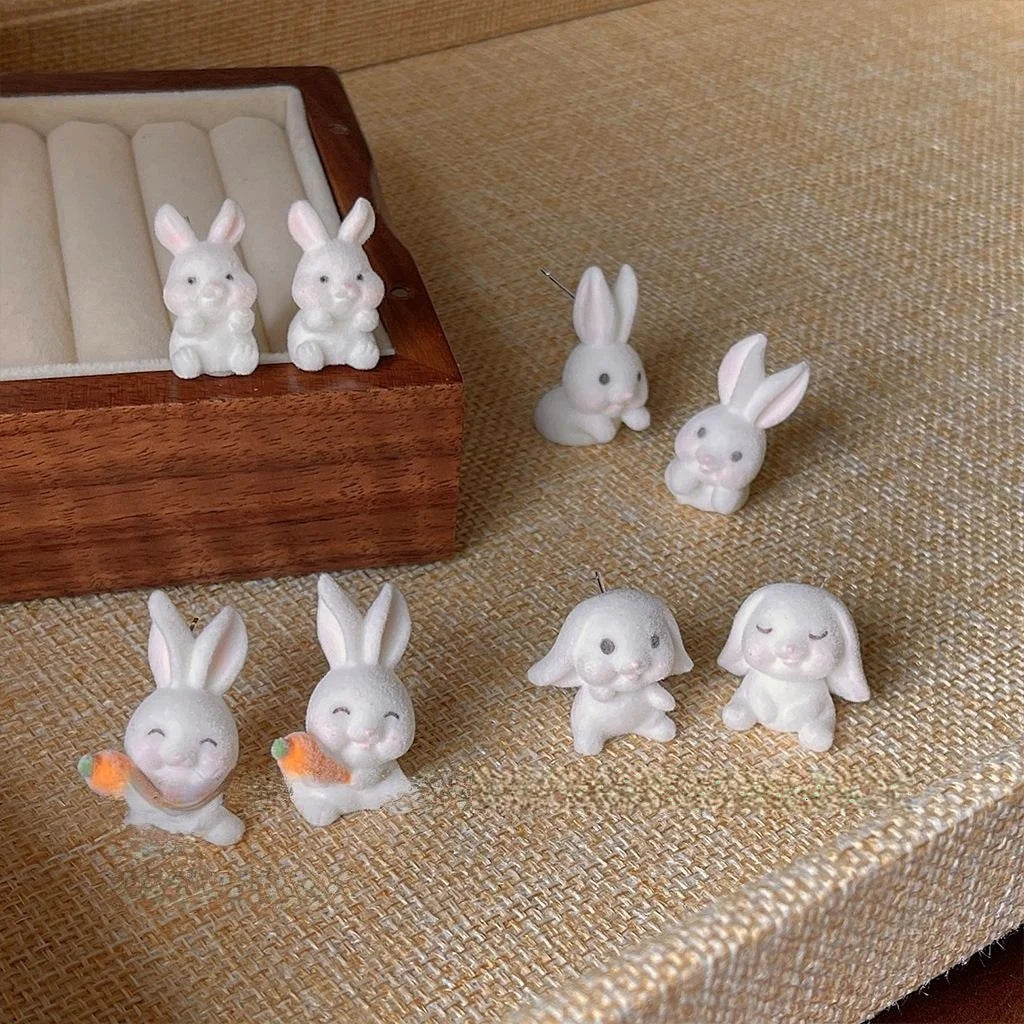 Cute White Flocked Resin Rabbit Stud Earrings With Silver Plated Pins For Girls
