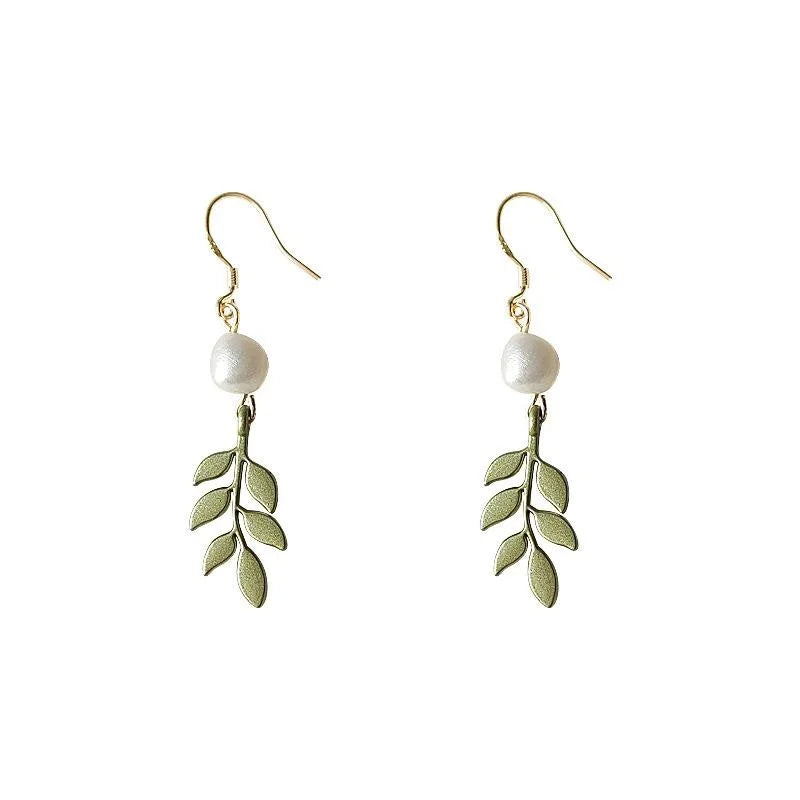 Forest Style Freshwater Pearl Leaf Drop Earrings With Silver Plated Pins, Green Handmade Jewelry