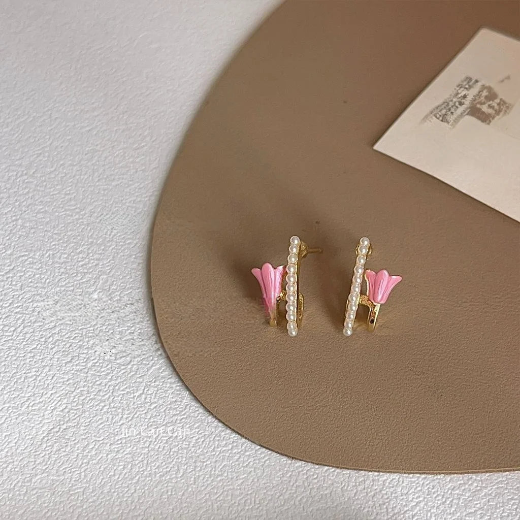 Forest Style Alloy Pink Enamel 3D Tulip Pearl Double Layer Stud Earrings