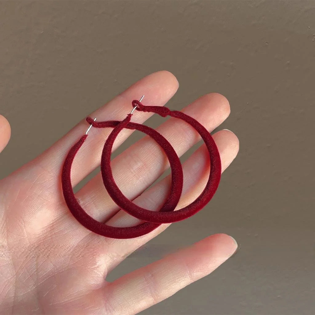 Christmas Burgundy Flocked Geometric Hollow Large Hoop Drop Earrings French Vintage Style