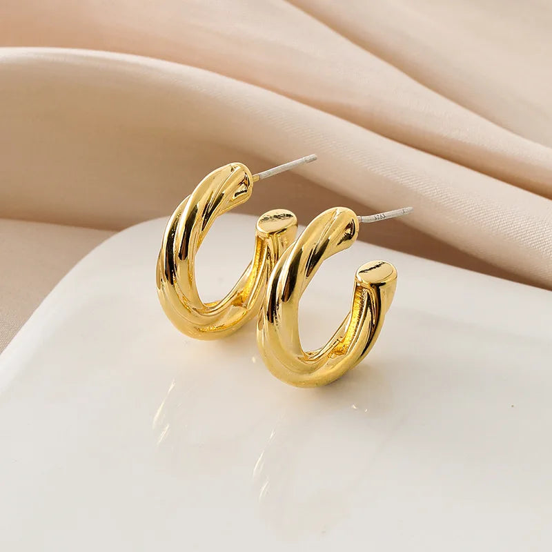 Luxury Elegant Gold Alloy Twisted Round Hoop Stud & Clip On No Piercing Chunky Metal Earrings